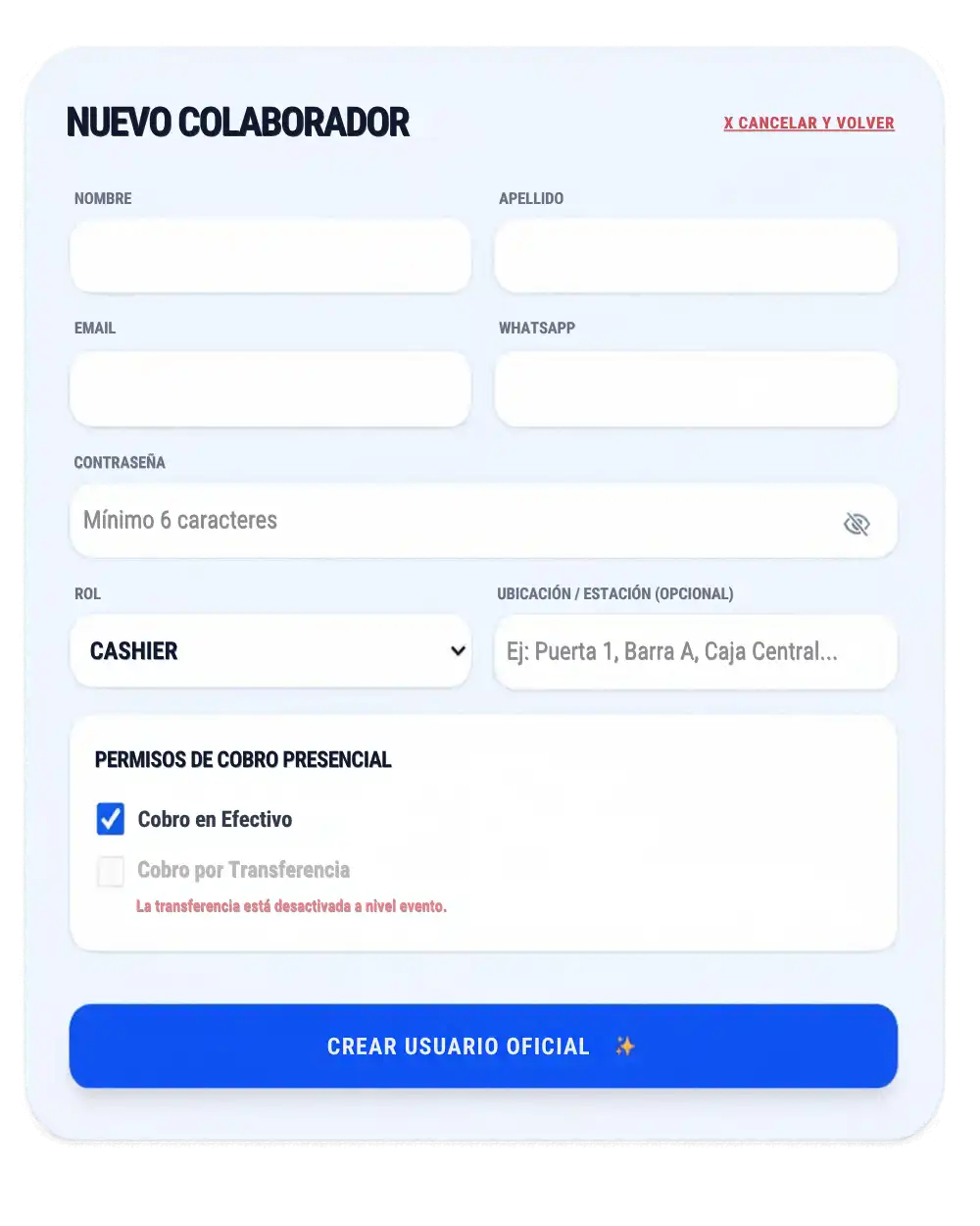 Cajero cobrando en la puerta del evento desde el celular