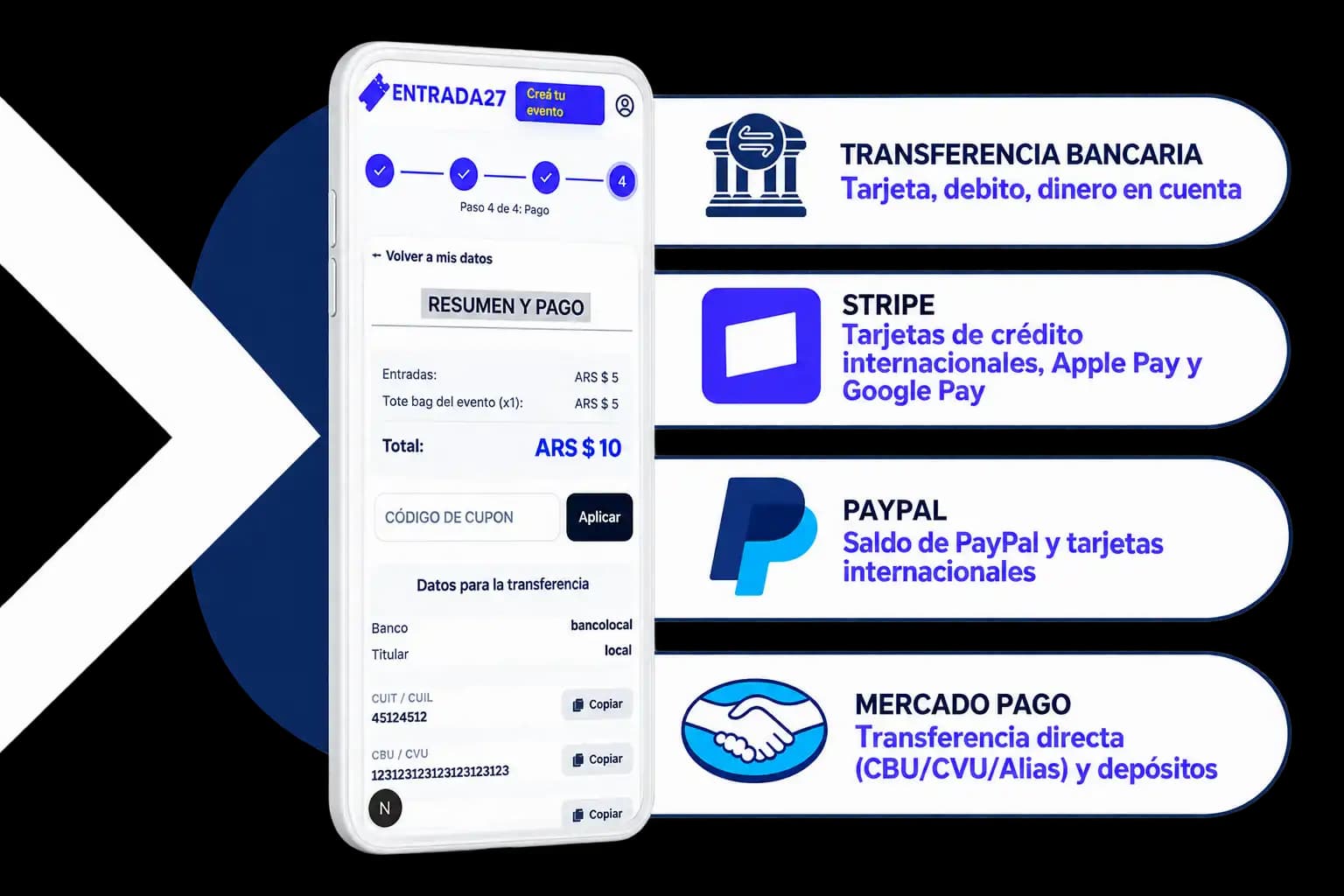 Medios de pago y subida de comprobante de transferencia
